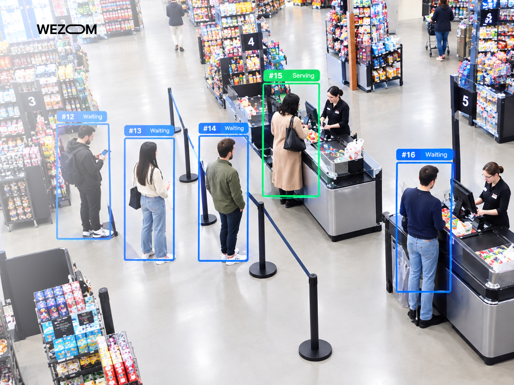 Computer vision retail analytics monitoring checkout queues, tracking waiting customers and detecting service status.